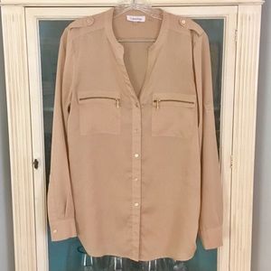Calvin Klein Flowy Tan and Gold Button Up Blouse